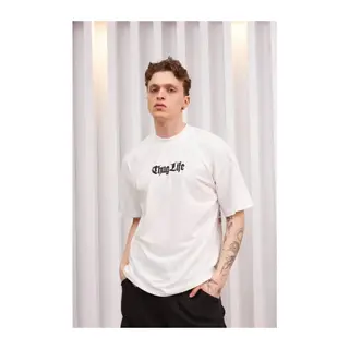 Unisex Bisiklet Yaka Baskılı Oversize T-Shirt - Beyaz