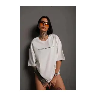 Unisex Bisiklet Yaka Baskılı T-Shirt - Beyaz