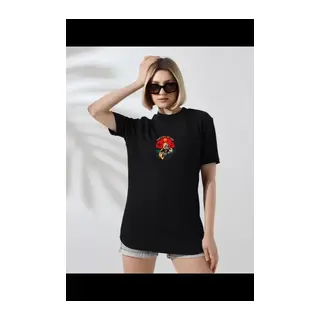 Unisex Bisiklet Yaka Baskılı T-Shirt - Siyah