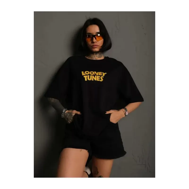 Unisex Bisiklet Yaka Baskılı Oversize T-Shirt - Siyah