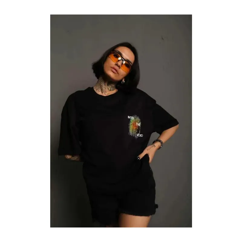 Unisex Bisiklet Yaka Baskılı Oversize T-Shirt - Siyah