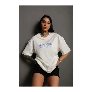 Unisex Bisiklet Yaka Baskılı Oversize T-Shirt - Beyaz