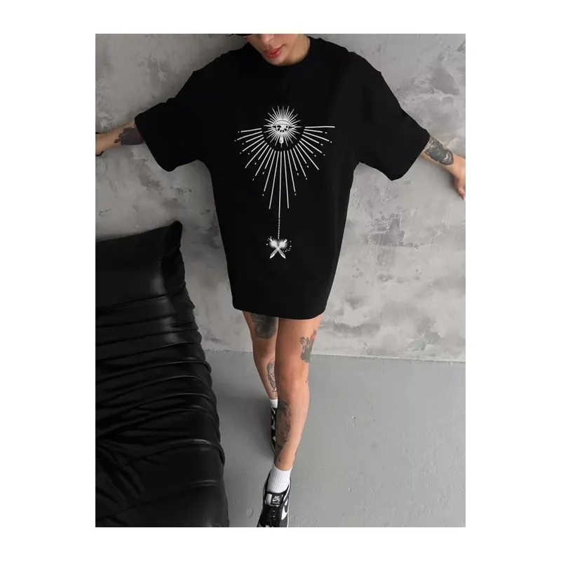 Unisex Bisiklet Yaka Baskılı Oversize T-Shirt - Siyah