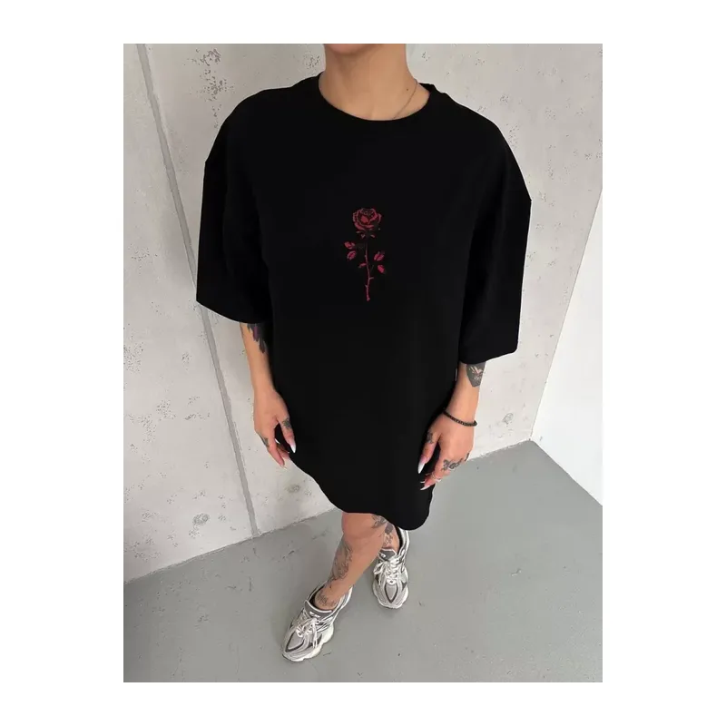 Unisex Bisiklet Yaka Baskılı Oversize T-Shirt - Siyah