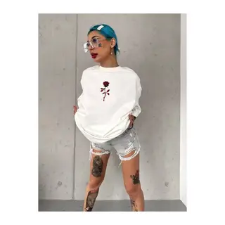 Unisex Bisiklet Yaka Baskılı Oversize T-Shirt - Beyaz