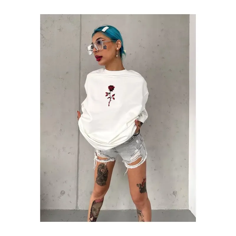 Unisex Bisiklet Yaka Baskılı Oversize T-Shirt - Beyaz