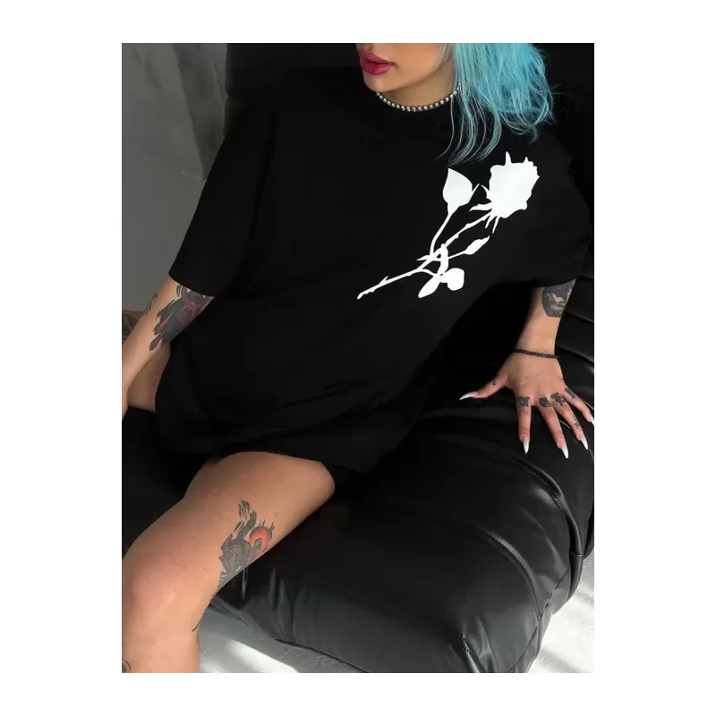 Unisex Bisiklet Yaka Baskılı Oversize T-Shirt - Siyah
