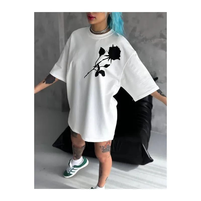 Unisex Bisiklet Yaka Baskılı Oversize T-Shirt - Beyaz