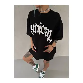 Unisex Bisiklet Yaka Baskılı Oversize T-Shirt - Siyah