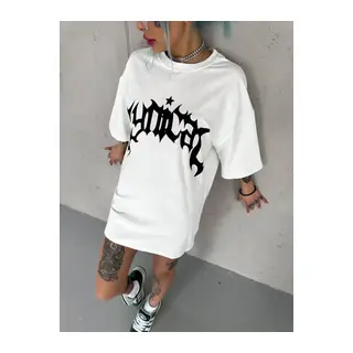 Unisex Bisiklet Yaka Baskılı Oversize T-Shirt - Beyaz