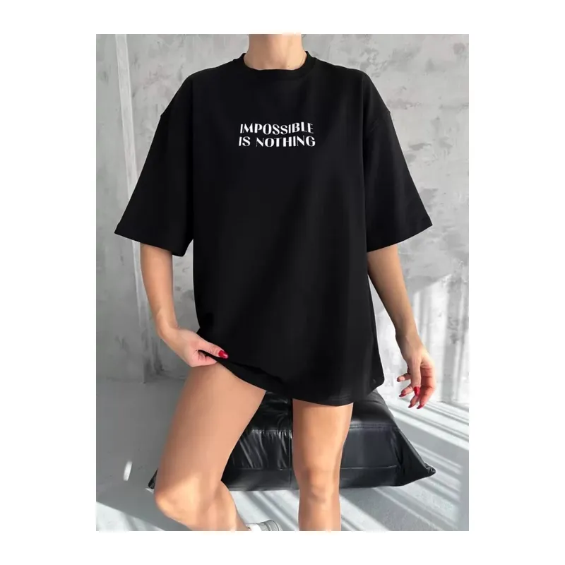 Unisex Bisiklet Yaka Baskılı Oversize T-Shirt - Siyah