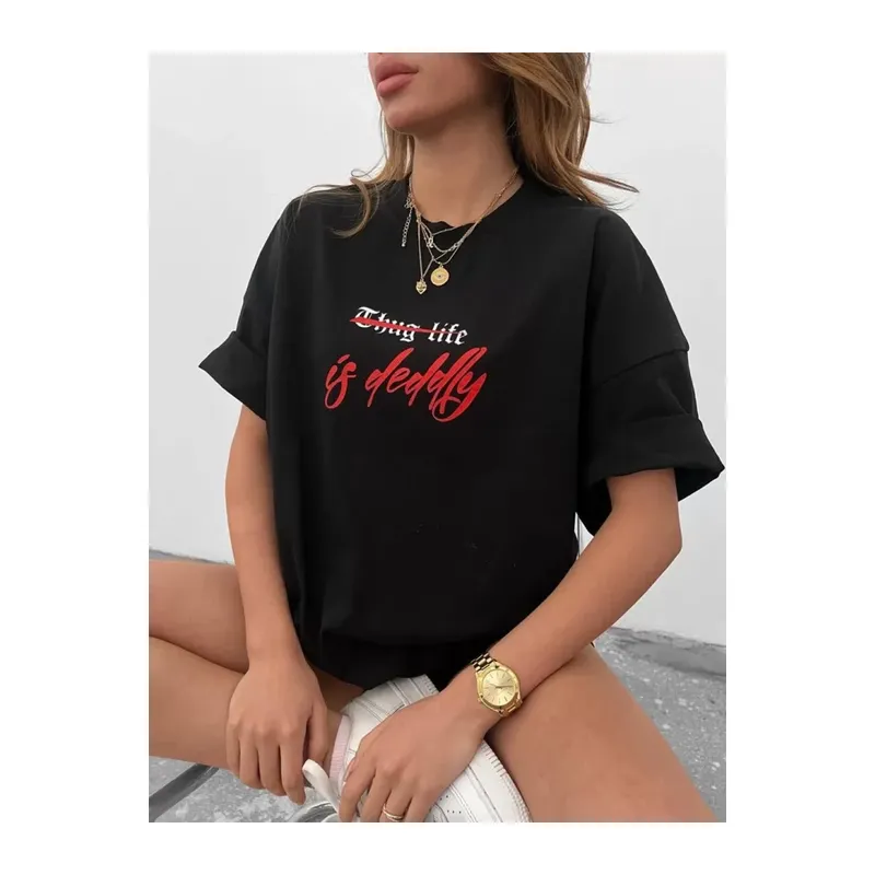 Unisex Bisiklet Yaka Baskılı Oversize T-Shirt - Siyah