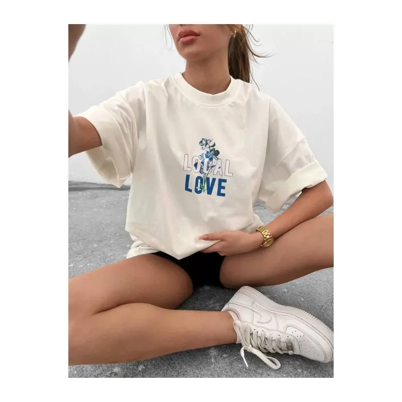 Unisex Bisiklet Yaka Baskılı Oversize T-Shirt - Beyaz