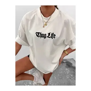 Unisex Bisiklet Yaka Baskılı Oversize T-Shirt - Beyaz