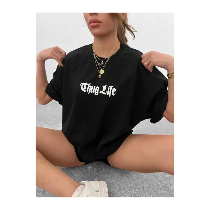 Unisex Bisiklet Yaka Baskılı Oversize T-Shirt - Siyah