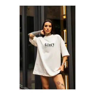 Unisex Bisiklet Yaka Baskılı Oversize T-Shirt - Beyaz