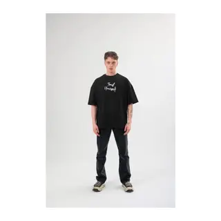 Unisex Bisiklet Yaka Baskılı Oversize T-Shirt - Siyah
