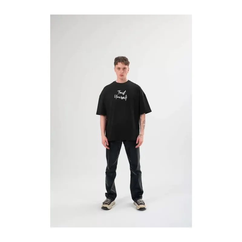 Unisex Bisiklet Yaka Baskılı Oversize T-Shirt - Siyah