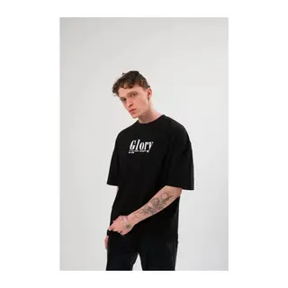 Unisex Bisiklet Yaka Baskılı Oversize T-Shirt - Siyah