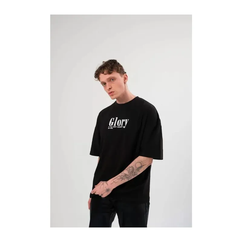 Unisex Bisiklet Yaka Baskılı Oversize T-Shirt - Siyah