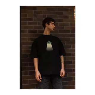 Unisex Bisiklet Yaka Baskılı Oversize T-Shirt - Siyah
