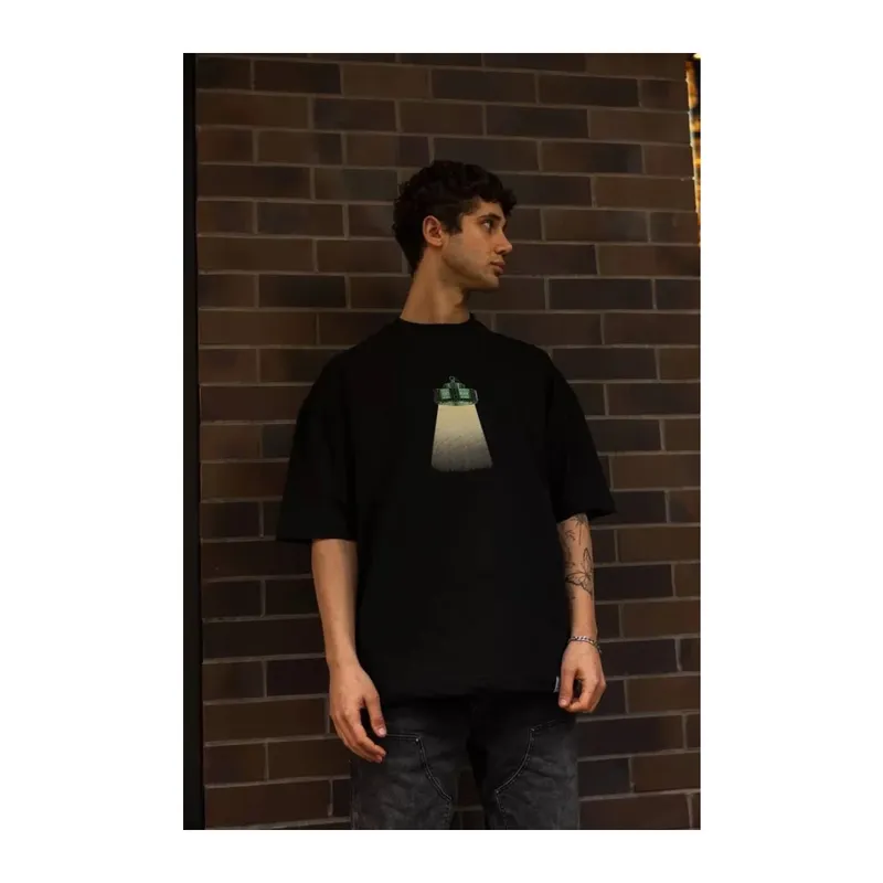 Unisex Bisiklet Yaka Baskılı Oversize T-Shirt - Siyah