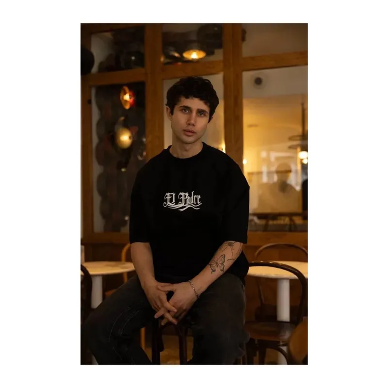 Unisex Bisiklet Yaka Baskılı Oversize T-Shirt - Siyah