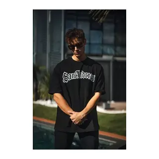 Unisex Bisiklet Yaka Baskılı Oversize T-Shirt - Siyah