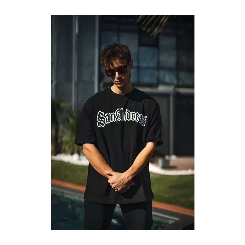 Unisex Bisiklet Yaka Baskılı Oversize T-Shirt - Siyah