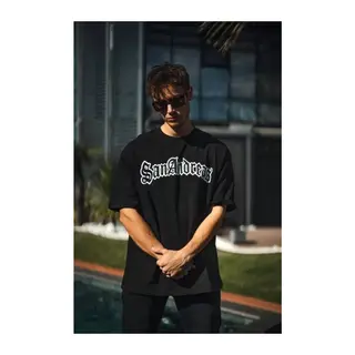 Unisex Bisiklet Yaka Baskılı Oversize T-Shirt - Siyah