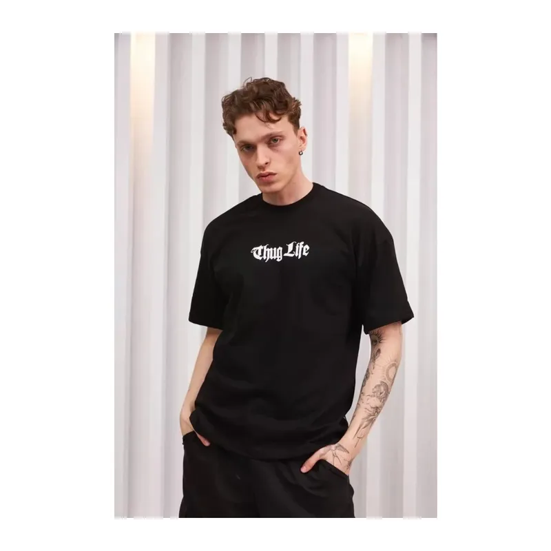 Unisex Bisiklet Yaka Baskılı Oversize T-Shirt - Siyah