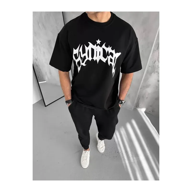 Unisex Bisiklet Yaka Baskılı Oversize T-Shirt - Siyah