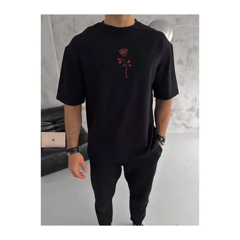 Unisex Bisiklet Yaka Baskılı Oversize T-Shirt - Siyah
