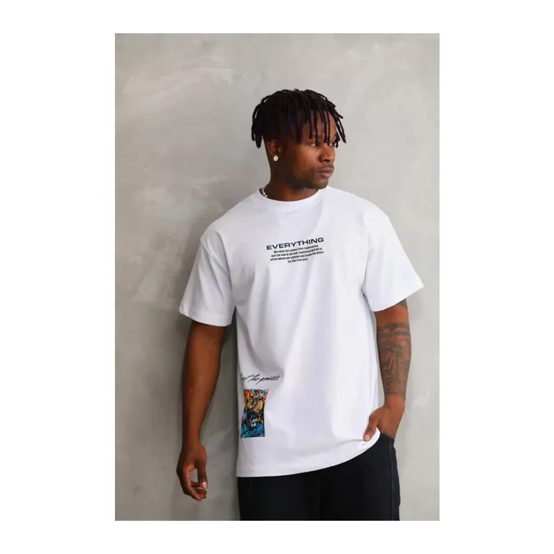 Unisex Bisiklet Yaka Baskılı Oversize T-Shirt - Beyaz