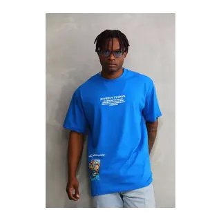 Unisex Bisiklet Yaka Baskılı Oversize T-Shirt - Mavi