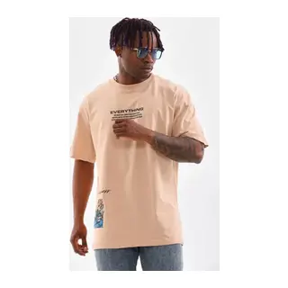 Unisex Bisiklet Yaka Baskılı Oversize T-Shirt - Bej