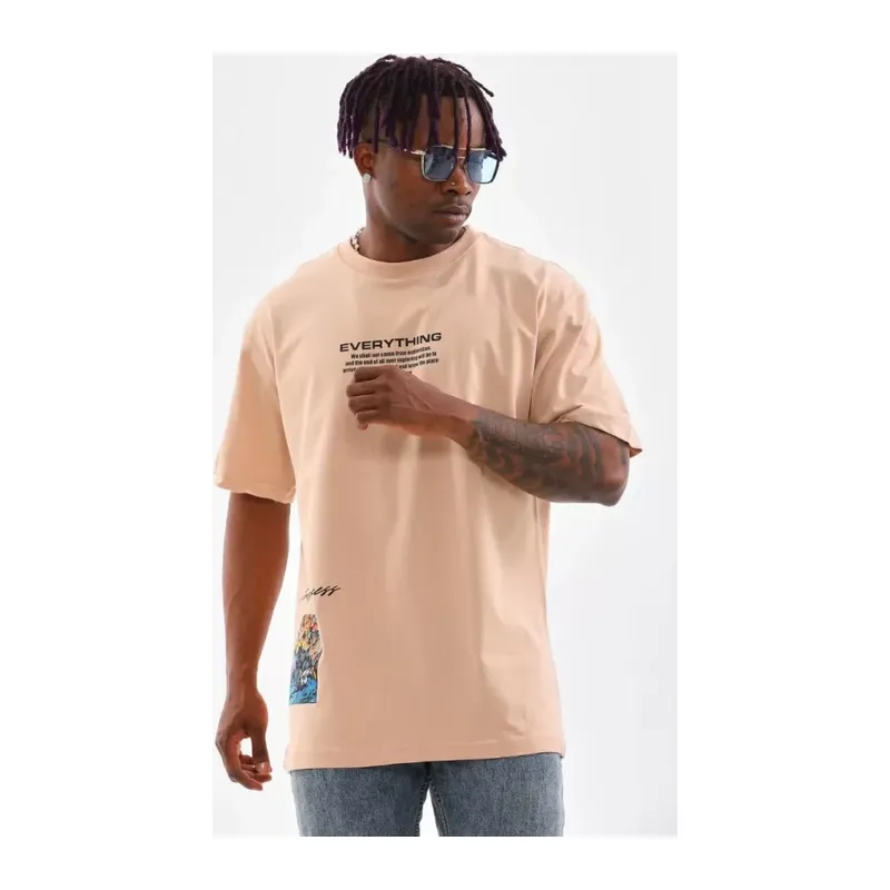 Unisex Bisiklet Yaka Baskılı Oversize T-Shirt - Bej