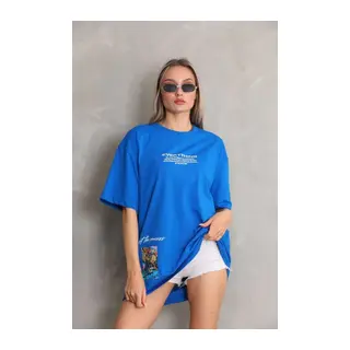 Unisex Bisiklet Yaka Baskılı Oversize T-Shirt - Mavi