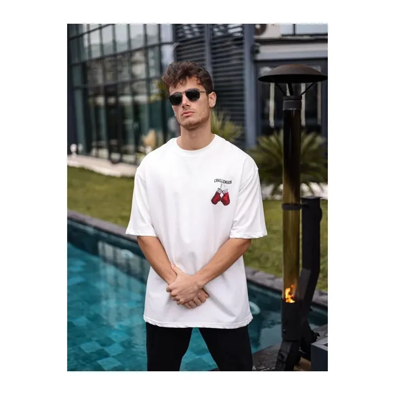 Unisex Bisiklet Yaka Baskılı Oversize T-Shirt - Beyaz