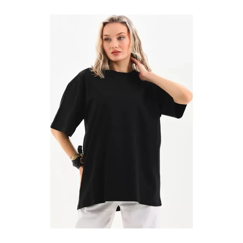 Unisex Bisiklet Yaka 20/1 Düz Oversize T-Shirt - Siyah
