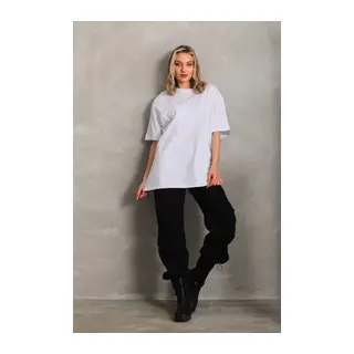 Unisex Bisiklet Yaka 20/1 Düz Oversize T-Shirt - Beyaz