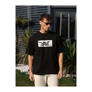 Unisex Bisiklet Yaka Baskılı Oversize T-Shirt - Siyah