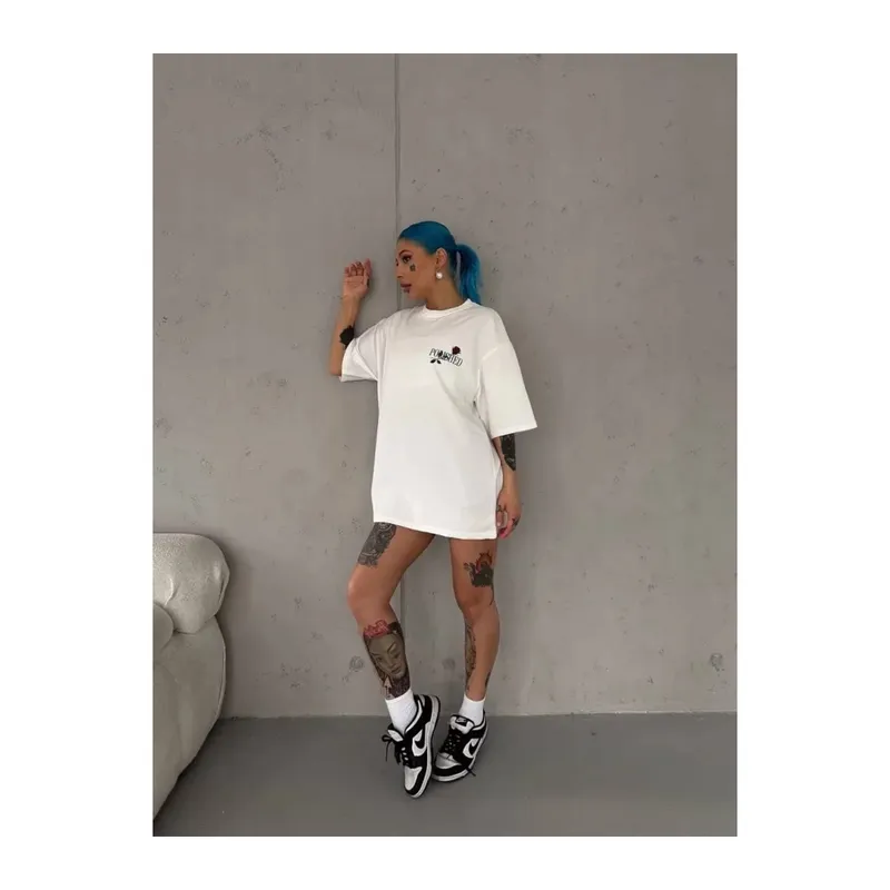 Unisex Bisiklet Yaka Baskılı Oversize T-Shirt - Beyaz