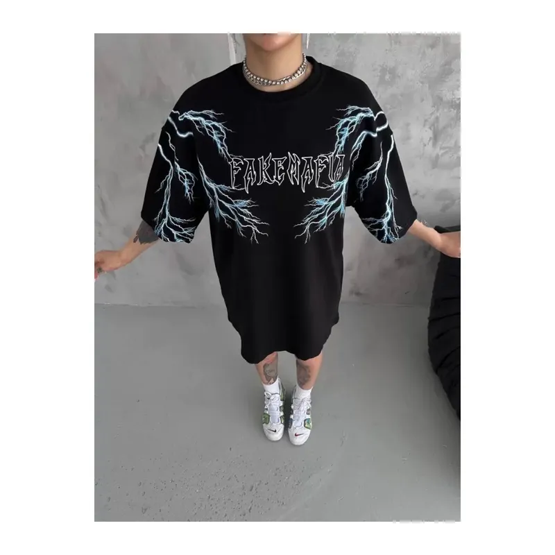 Unisex Bisiklet Yaka Baskılı Oversize T-Shirt - Siyah