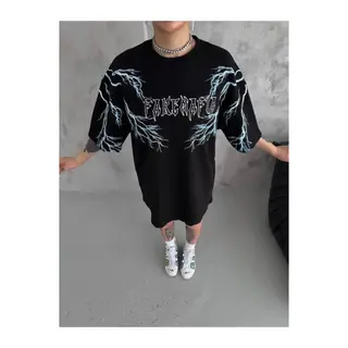 Unisex Bisiklet Yaka Baskılı Oversize T-Shirt - Siyah
