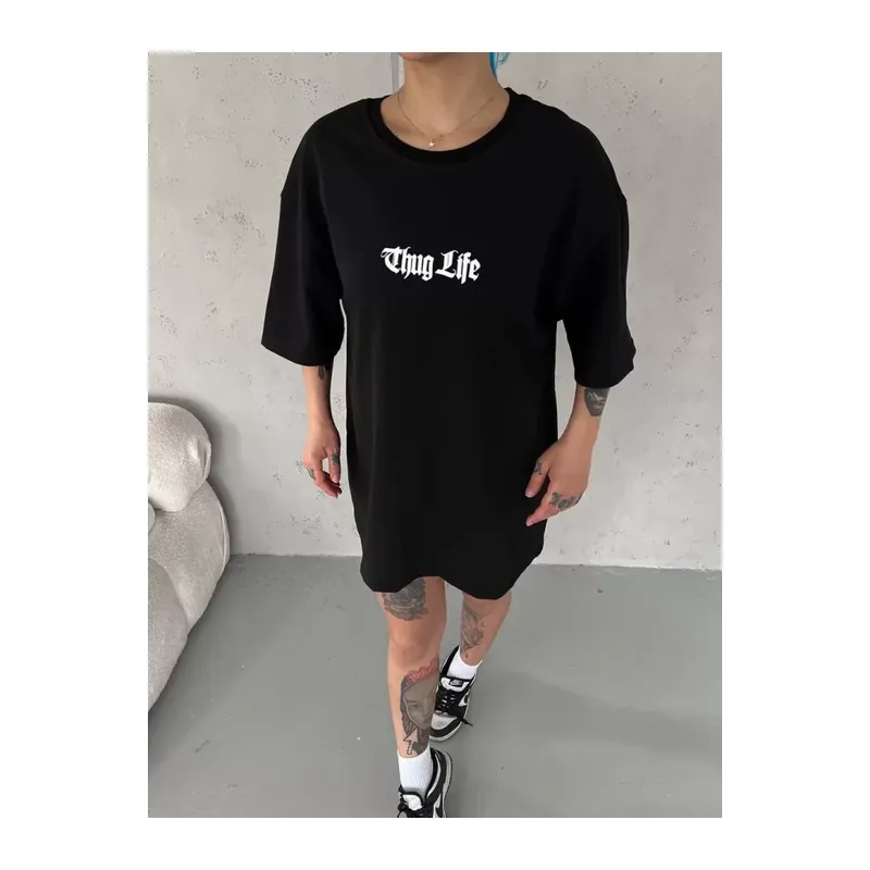 Unisex Bisiklet Yaka Baskılı Oversize T-Shirt - Siyah