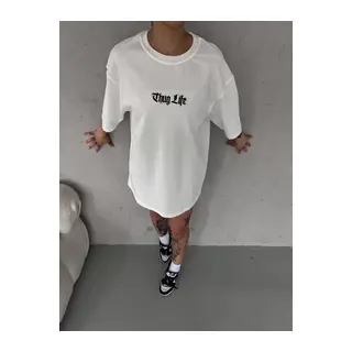 Unisex Bisiklet Yaka Baskılı Oversize T-Shirt - Beyaz