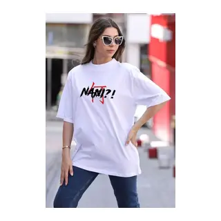 Unisex Bisiklet Yaka Baskılı Oversize T-Shirt - Beyaz