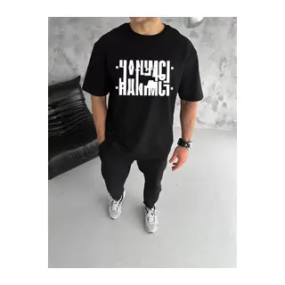 Unisex Bisiklet Yaka Katlanan Baskılı T-Shirt - Siyah