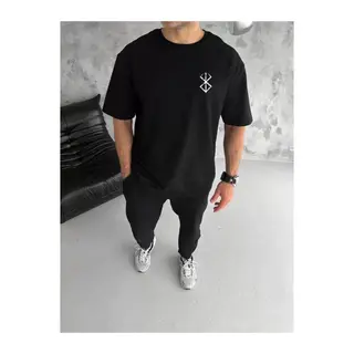 Unisex Bisiklet Yaka Baskılı Oversize T-Shirt - Siyah